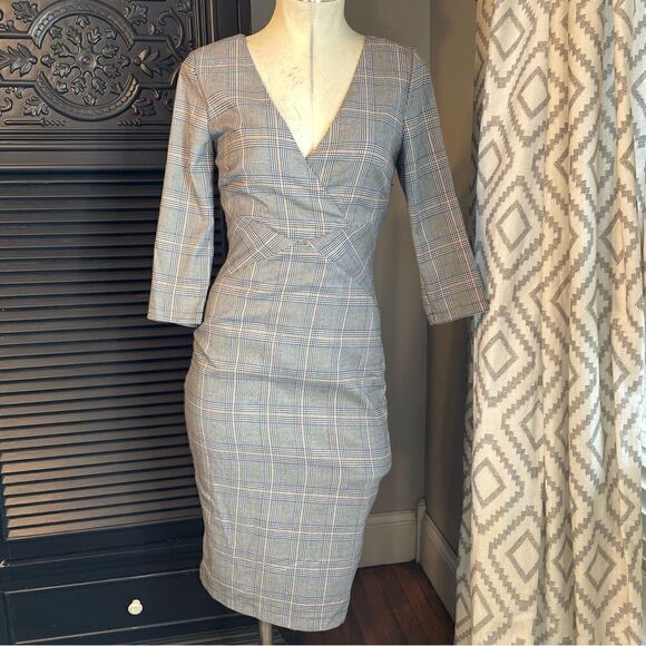 ALEXIA ADMOR‎ Grey Glen Plaid Surplice Sheath Knee Dress 4 - Picture 2 of 10